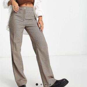 Monki tailored, casual pants, brown tonal plaid high-rise